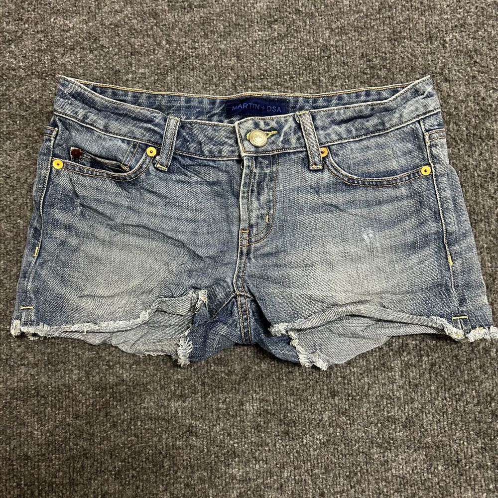 Martin + Osa Shorts Womens Size 27 Blue Denim Cutoff Low Rise Raw Hem Frayed